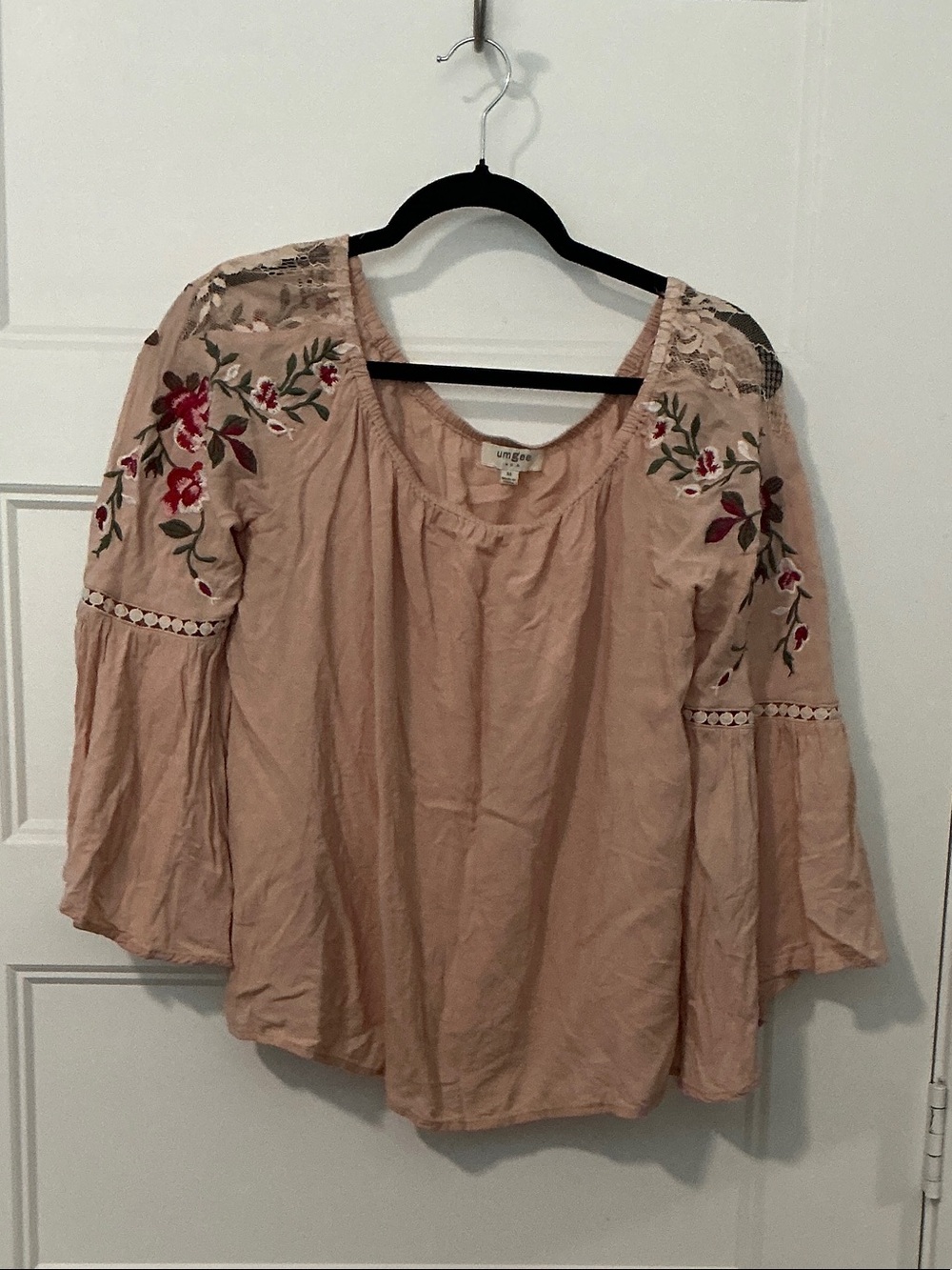 Umgee Dusty Blush Embroidered Bell Sleeve Blouse